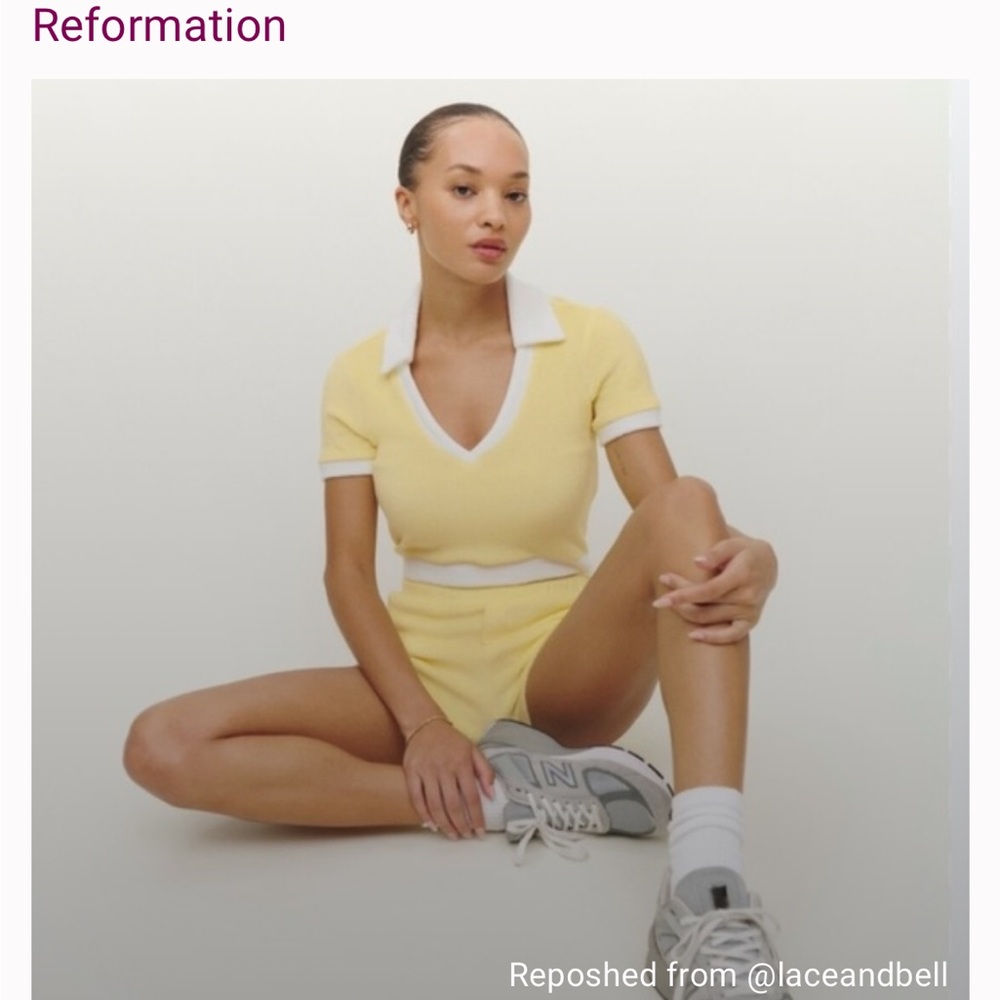 Reformation terry yellow two piece set polo crop top shorts XS - Picture 2 of 7